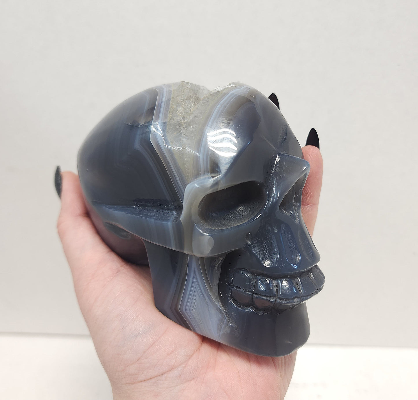 Banded Agate skull with Quartz Geode #1