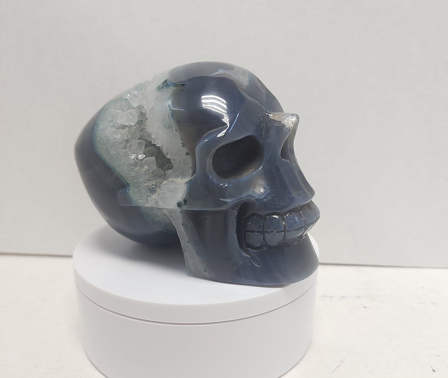 Banded Agate skull with Quartz Geode #2