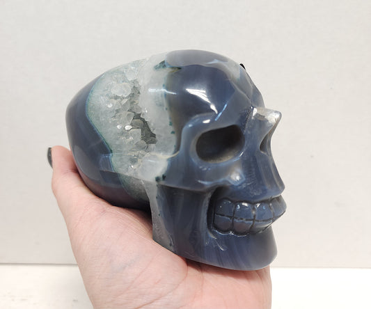 Banded Agate skull with Quartz Geode #2