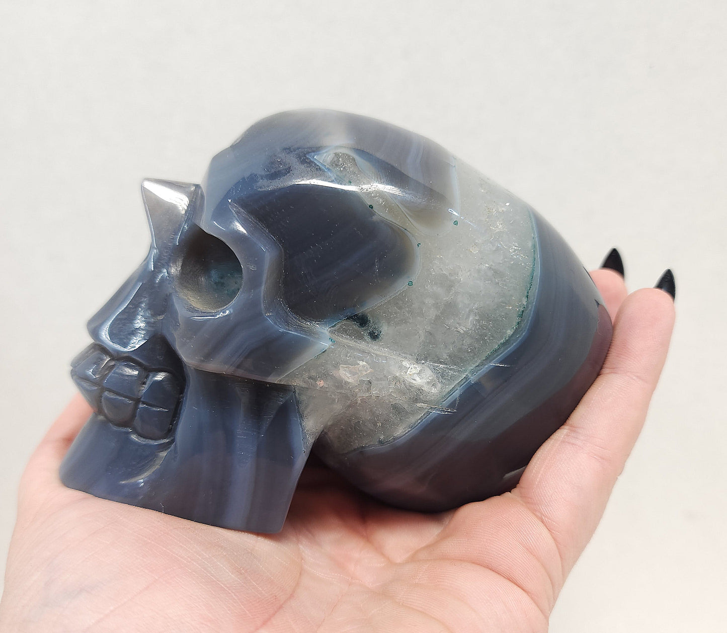 Banded Agate skull with Quartz Geode #2